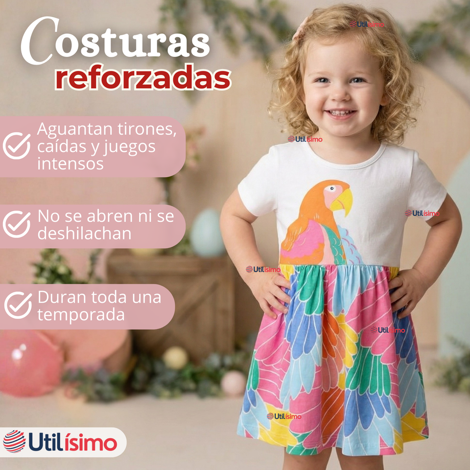 Vestido Manga Corta Casual Loro Multicolor Verano Niña 2 a 7 años