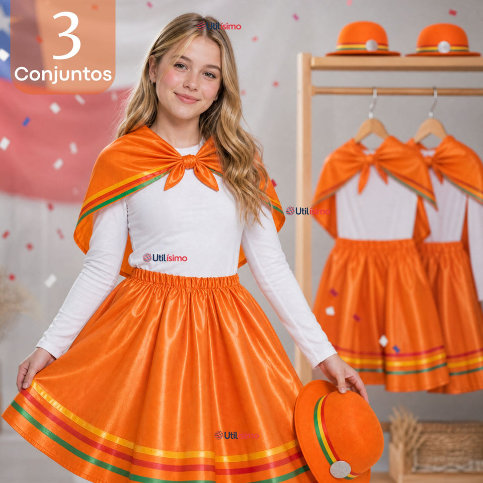 Pack 3 Trajes Nortinos Juveniles Con Poleras 4 Piezas Naranja Baile Típico Fiestas Patrias