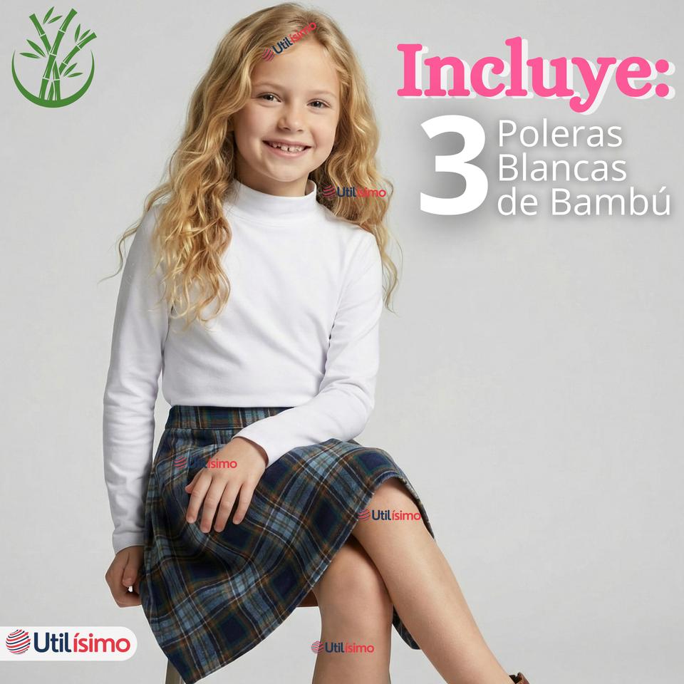 Pack 3 Poleras Camisetas Bambú Blancas Cuello Beatle Primera Capa Manga Larga Niña