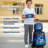 Mochila Escolar Con Ruedas + Estuche + Lonchera Poliéster Astronauta Niño