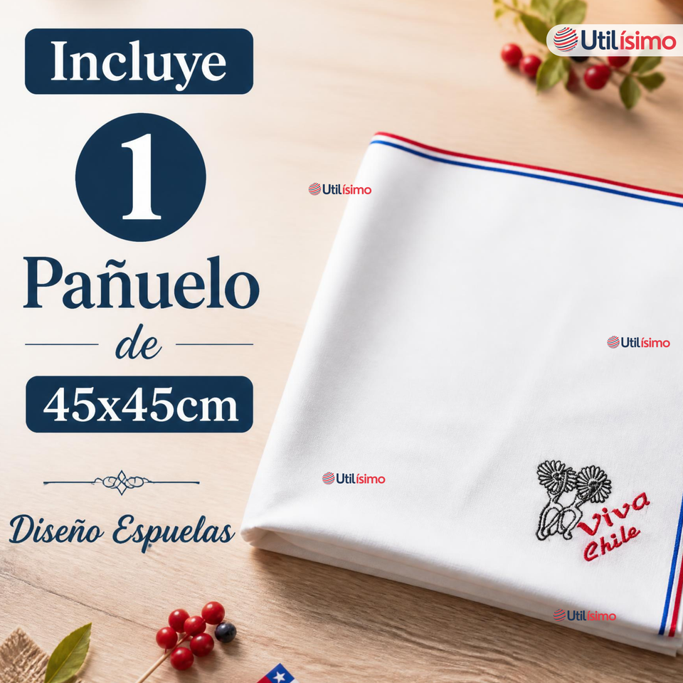 Pañuelo Baile Cueca 45cm Bordado Espuelas Algodón Fiestas Patrias