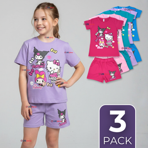 Pack 3 Conjunto Sanrio 100% Algodón Polera Pantalón Corto Niña Kuromi Hello Kitty My Melody