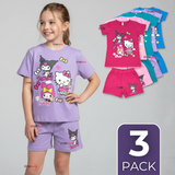 Pack 3 Conjunto Sanrio 100% Algodón Polera Pantalón Corto Niña Kuromi Hello Kitty My Melody