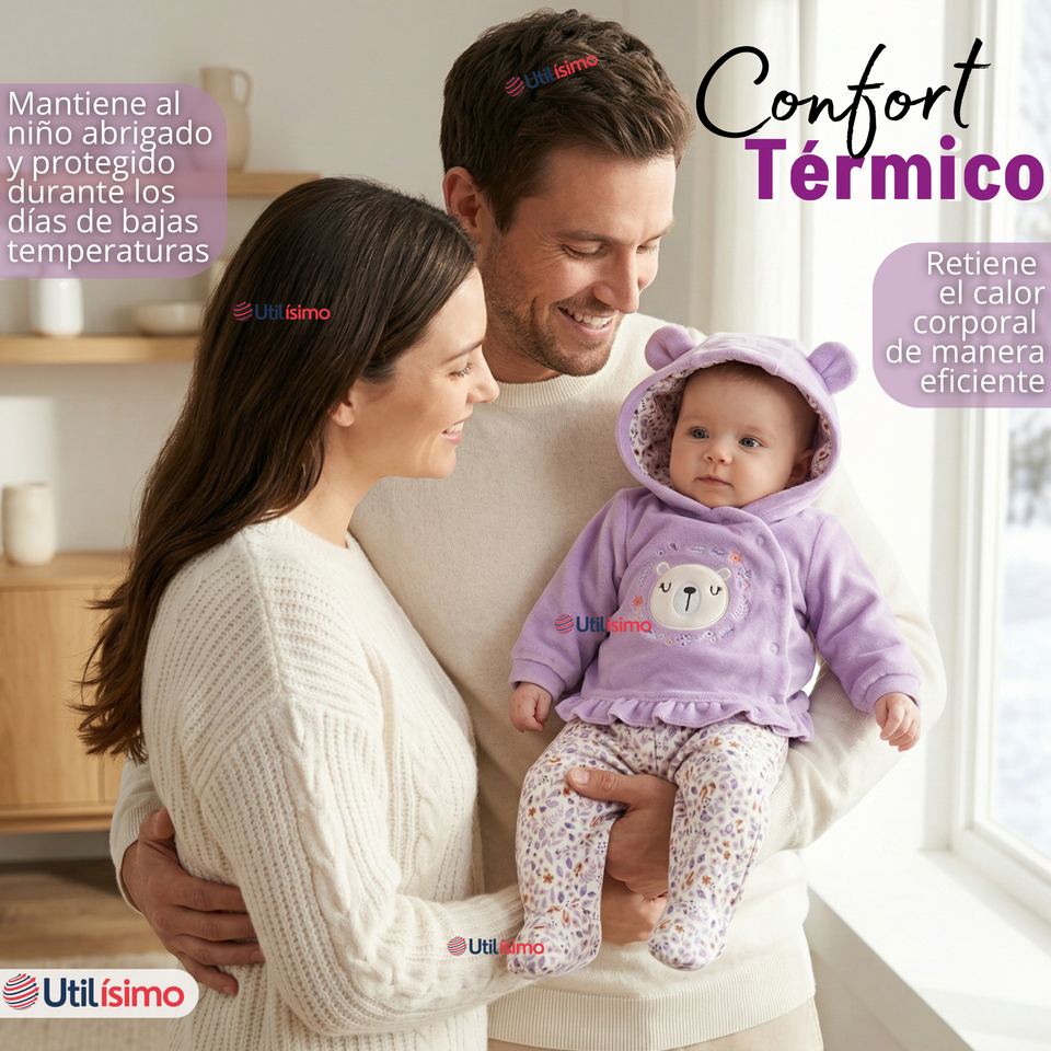 Conjunto 2 Piezas Buzo Pantalón Y Polerón Con Capucha Tela Plush Lila Bebé Niña