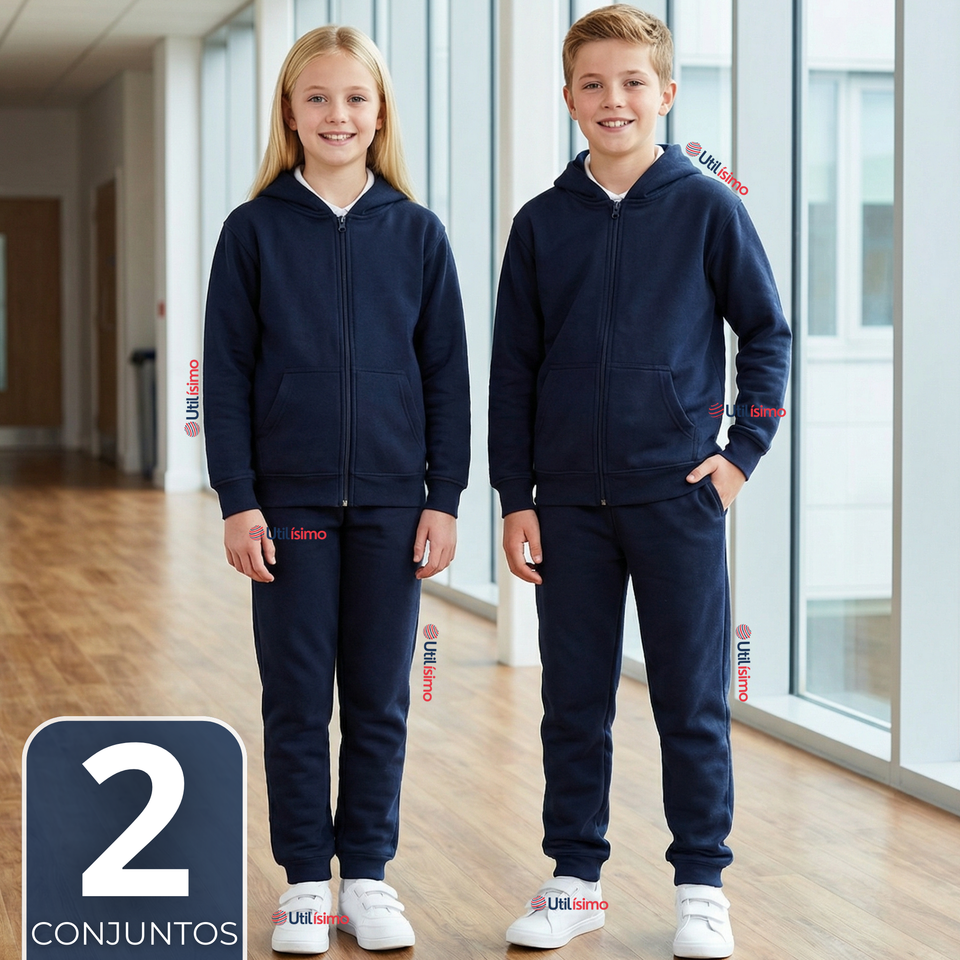 Pack 2 Conjuntos Escolares Buzo Pantalón Y Polerón 100% Algodón Unisex Azul 3 a 16 años