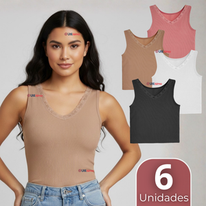 Pack 6 Camisetas Poleras Sin Mangas Tela Acanalada Algodón Mujer Colores Surtidos