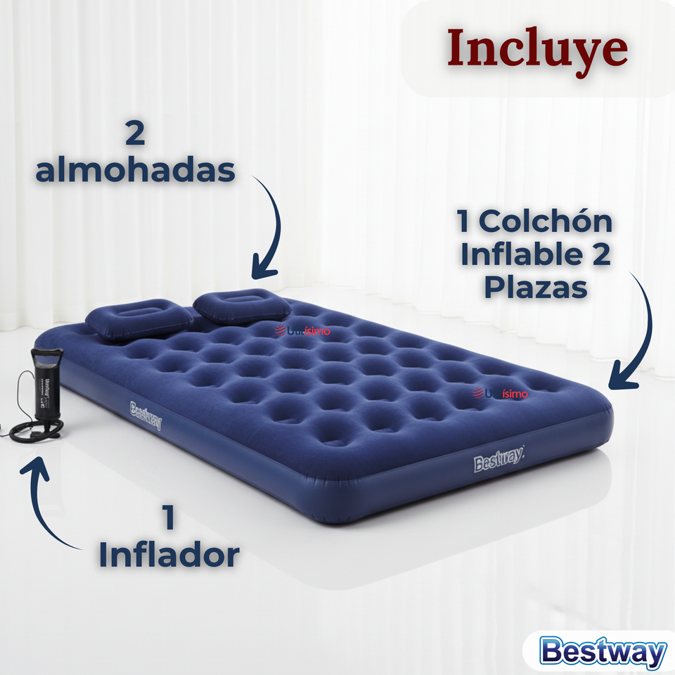 Colchón Inflable 2 Plazas Camping Más Inflador Y Dos Almohadas Bestway