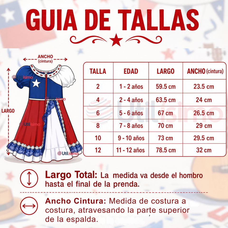 Vestido Chinita Huasa Niña Bandera Chile Fechas Patrias
