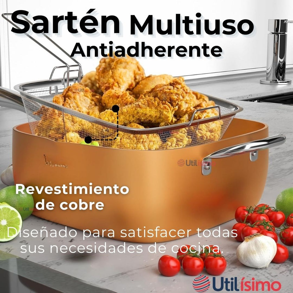 Sartén Antiadherente De Cobre Multiuso 3 en 1 Cesta Para Freír Vaporera