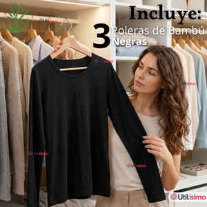 Pack 3 Camisetas Poleras Bambú Primera Capa Negro Manga Larga Mujer
