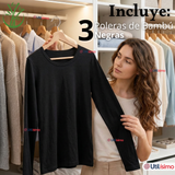 Pack 3 Camisetas Poleras Bambú Primera Capa Negro Manga Larga Mujer