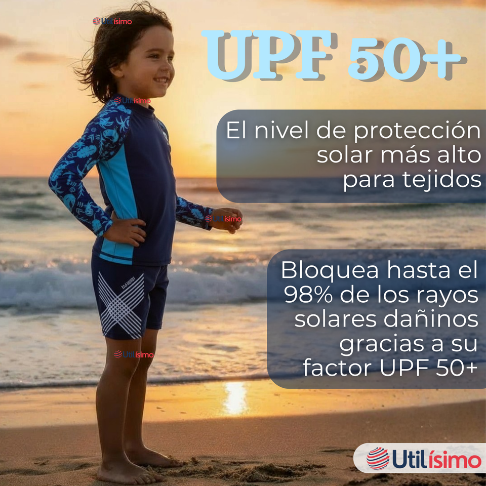 Traje de Baño Con Gorro Pantalón Corto Manga Larga 3 Piezas Corte Split Niño 2 a 8 años Blue