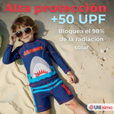 Traje De Baño 2 piezas Manga Larga y Pantalón Corto Niño de 3 a 11 años Blue Shark