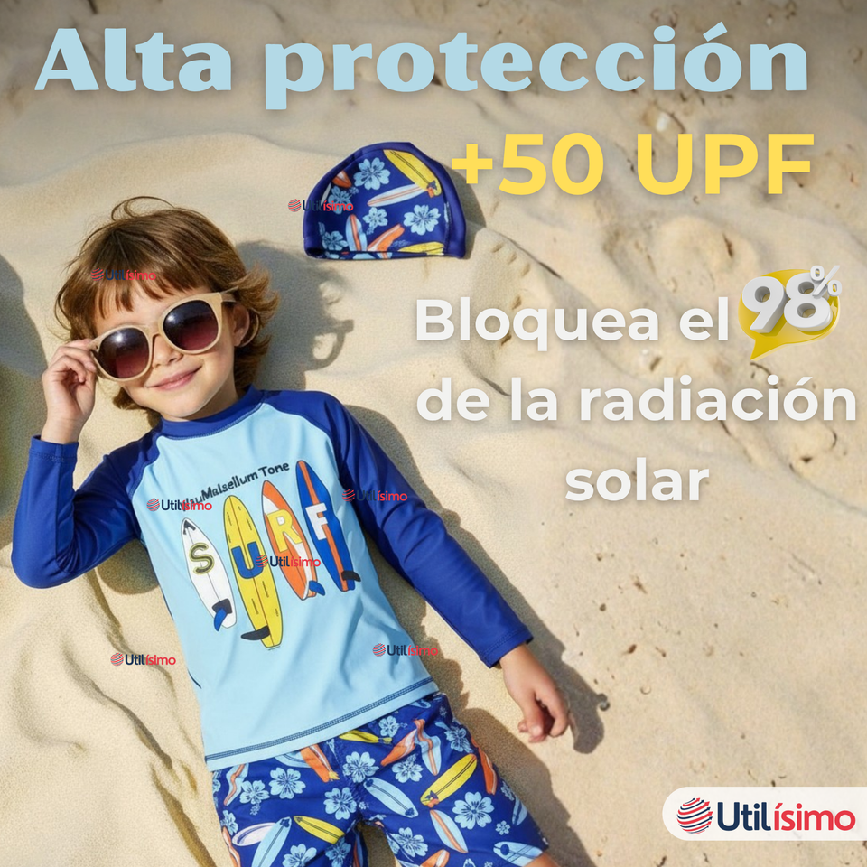 Traje De Baño Manga Larga, Pantalón Corto y Gorro Niño de 3 a 11 Surfboard