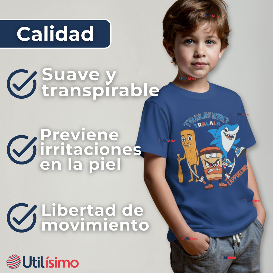 Polera Brainrots 100% Algodón Manga Corta Niño Tralalero Azul