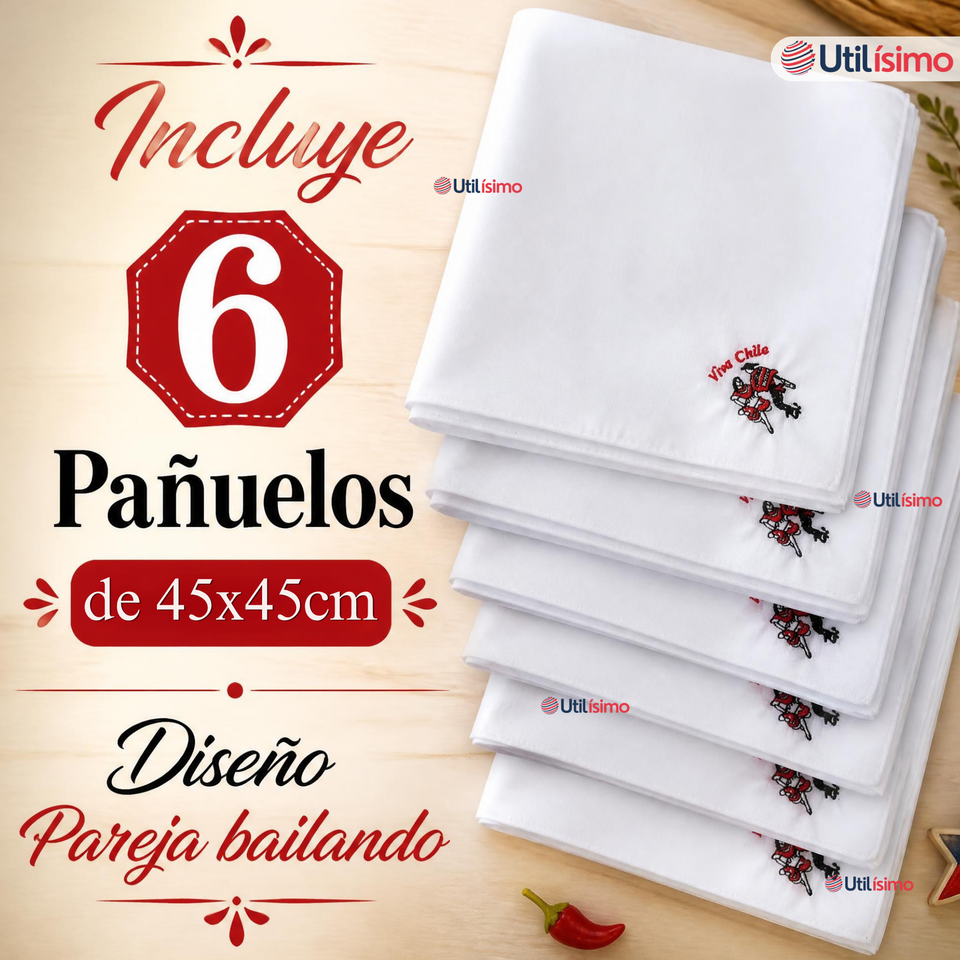 Pack 6 Pañuelos Baile Cueca 45cm Bordado Pareja Bailando Algodón Fiestas Patrias