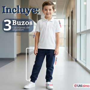 Pack 3 Buzos Pantalones Escolares Niño Unisex 100% Algodón Azul Bota Acanalada 3 a 16 años