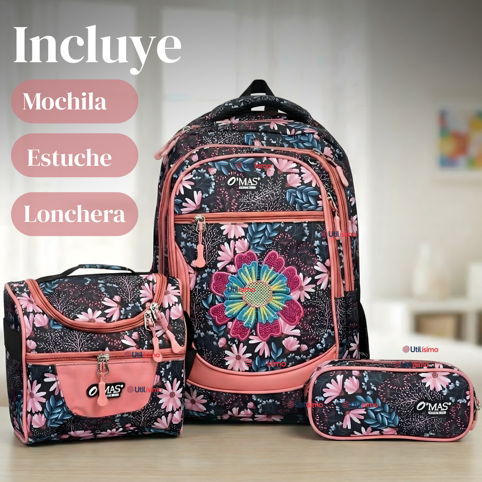 Mochila Bolso Escolar + Estuche + Lonchera 45Cm Niña Tela Oxford Night Blossom