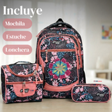 Mochila Bolso Escolar + Estuche + Lonchera 45Cm Niña Tela Oxford Night Blossom
