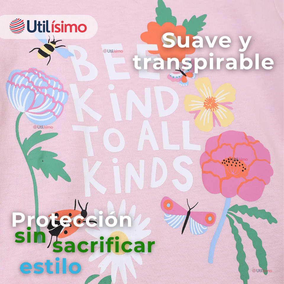 Polera Manga Larga Niña 100% Algodón Flores Rosado Camiseta