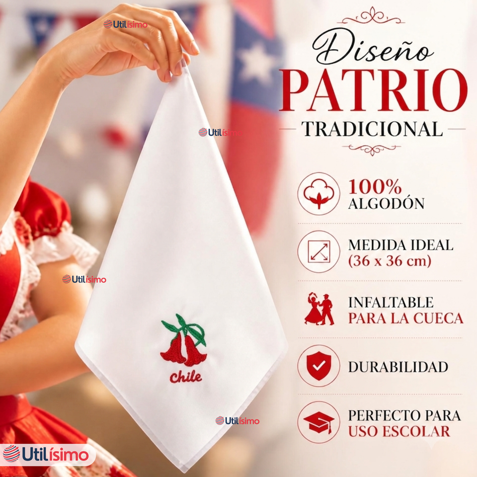 Pack 3 Pañuelos Baile Cueca 36cm Bordado Flor Copihue Algodón Fiestas Patrias