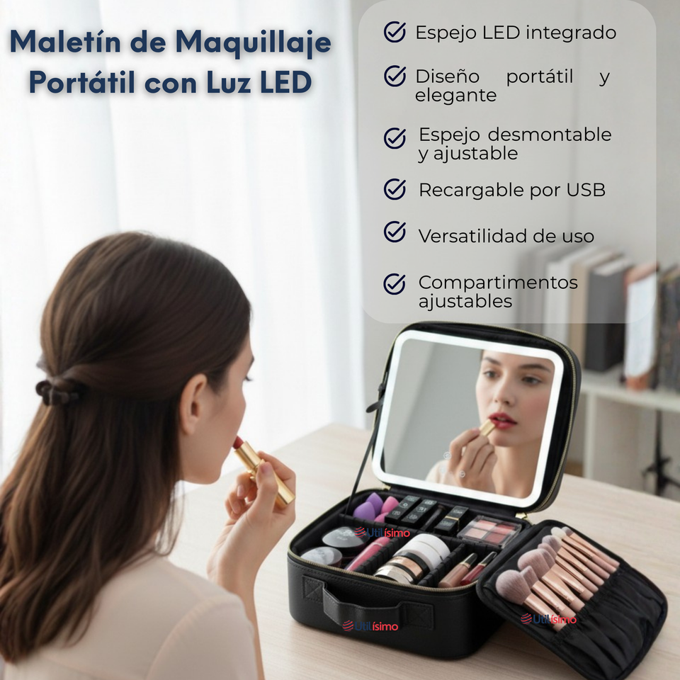 Estuche Maquillaje 2 en 1 Bolso Cosmetiquero Espejo Con Luz Led Organizador