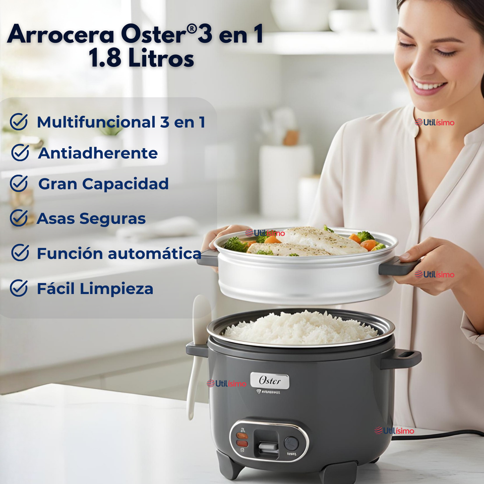 Oster Arrocera 3 en 1, 10 Tazas de Capacidad Función de Sofrito, Vaporera, Recubrimiento Antiadherente Oster DiamondForce, CKSTRC10DFSKE