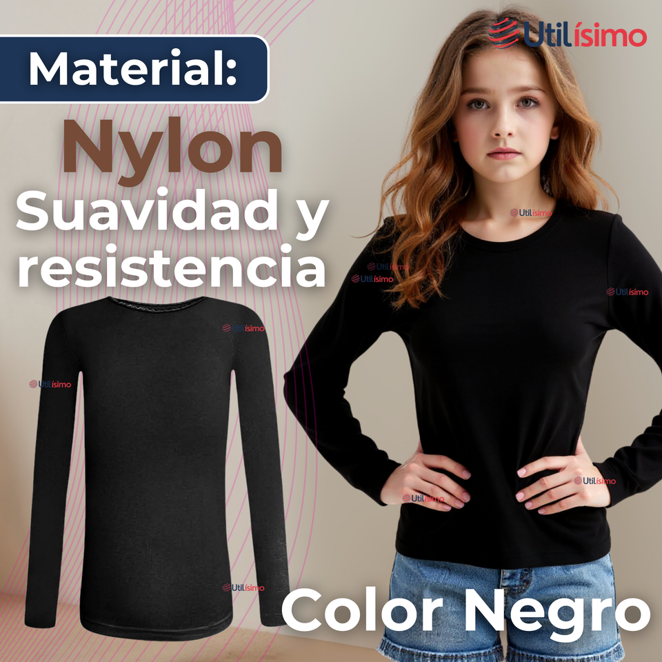 Camiseta De Panty Elástica Transpirable Manga Larga Segunda Piel Niña Nylon Negro