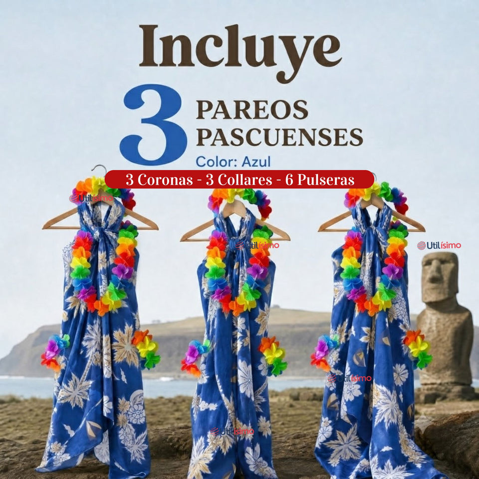 Pack 3 Trajes Páscuense Pareo Hawaiano Azul Niña Con Accesorios