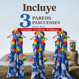 Pack 3 Trajes Páscuense Pareo Hawaiano Azul Niña Con Accesorios