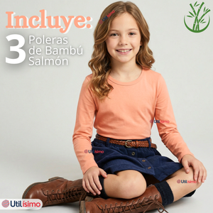 Pack 3 Camisetas Poleras Bambú Cuello Redondo Salmón Primera Capa Manga Larga Niña