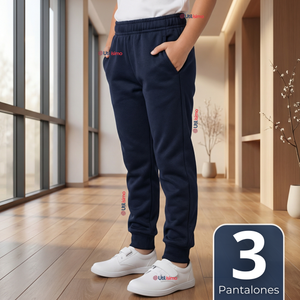Pack 3 Buzos Pantalones Escolares Niños Unisex 100% Algodón Azul Bota Acanalada 3 a 16 años