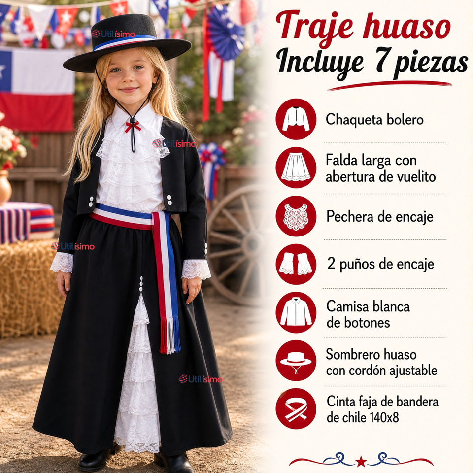 Traje Huasa Elegante NIña Conjunto 7 Piezas Tipico Fiestas Patrias