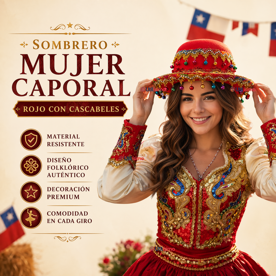 Sombrero Gorro Caporal Mujer Fiestas Patrias Rojo Con Cascabeles Baile Típico