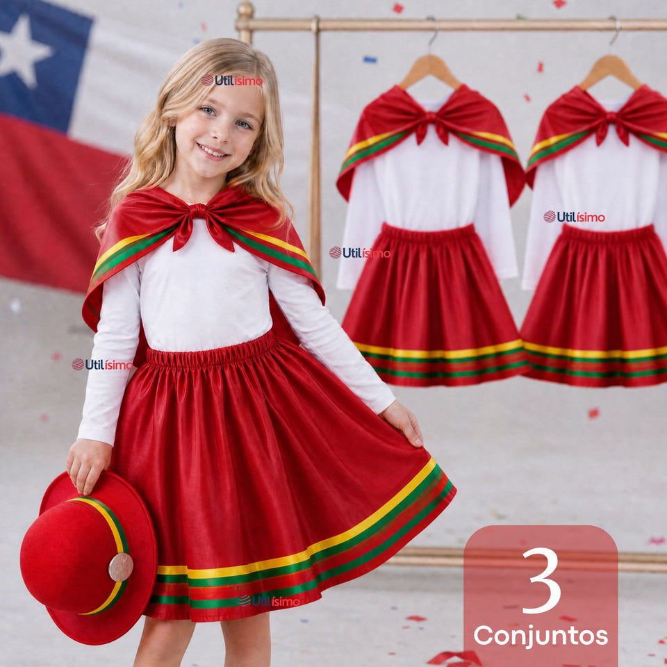 Pack 3 Trajes Nortinos Niña Rojo 4 Piezas Con Poleras Baile Típico Fiestas Patrias