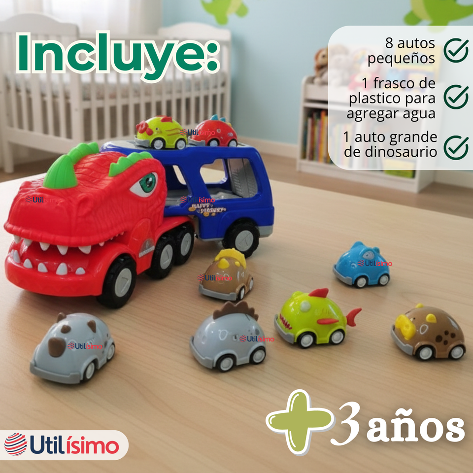 Camión De Dinosaurio 8 Mini Coches 2 Niveles Música Luces Juguete Niño