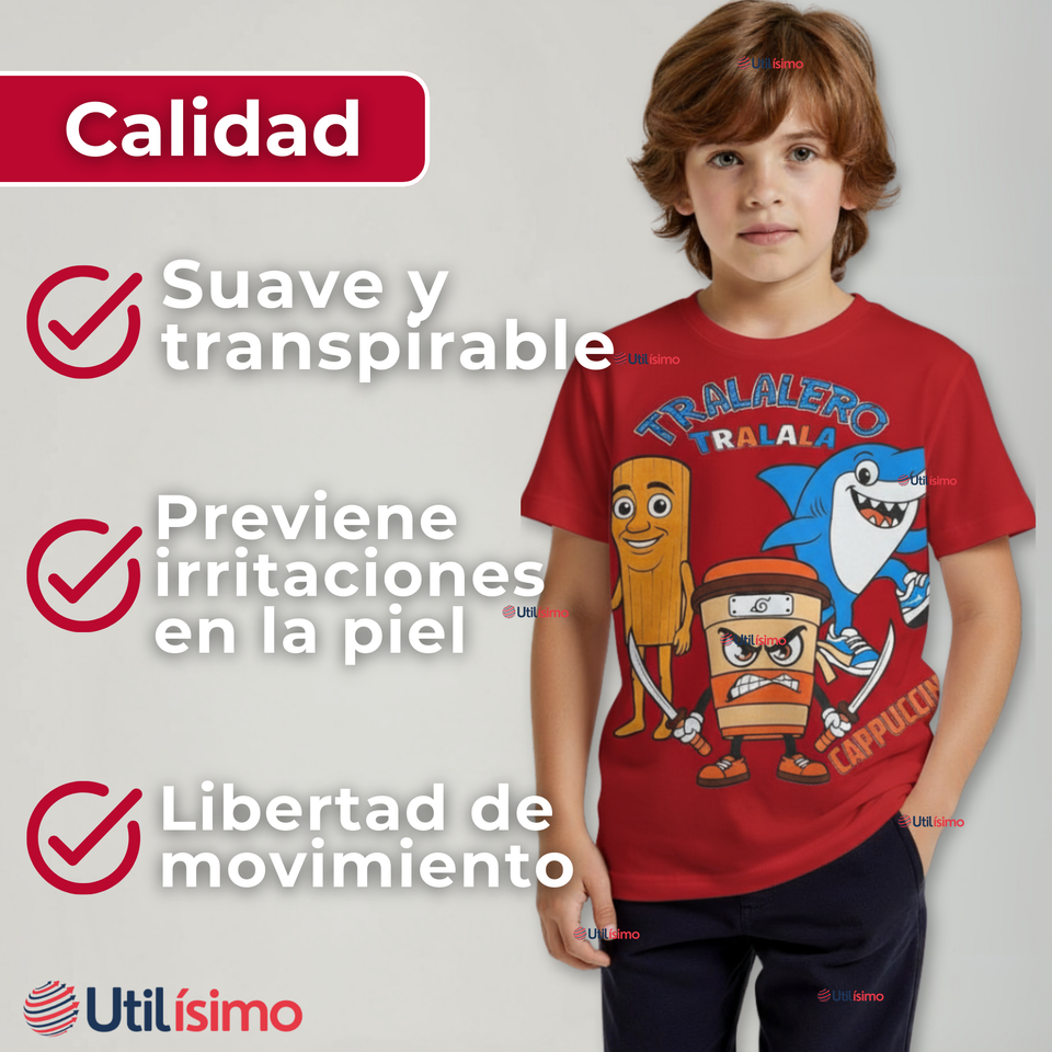 Polera Brainrots 100% Algodón Manga Corta Niño Tralalero Rojo