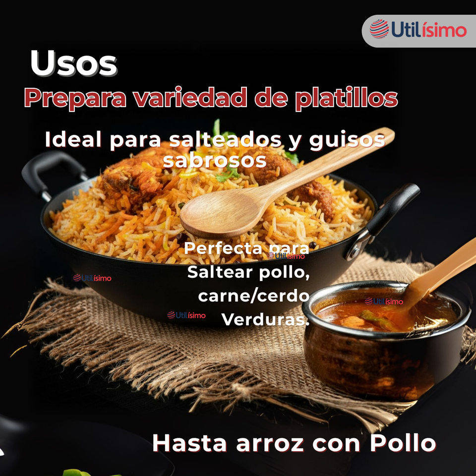 Wok Chino Acero Inoxidable Antiadherente 34cm+ Cuchara de Madera de Bambú