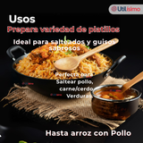 Wok Chino Acero Inoxidable Antiadherente 34cm+ Cuchara de Madera de Bambú