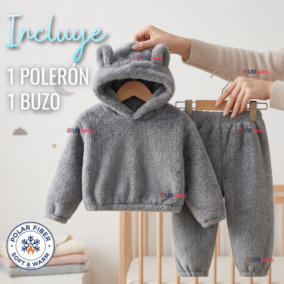 Buzo Polerón Conjunto Polar Niño Niña Con Capucha Gris