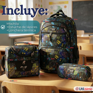 Mochila Escolar + Estuche + Lonchera 45cm Tela Oxford Estampado de Dinosaurio Niño