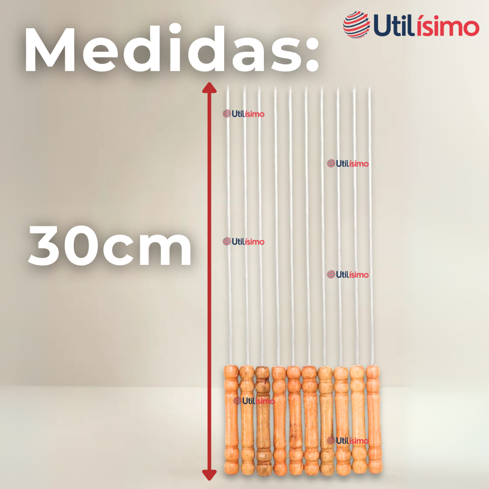 Pack 12 Pinchos De 30cm Para Anticuchos Brochetas Asados Mango De Madera