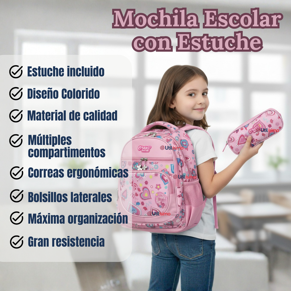 Mochila Escolar Con Estuche 36cm Tela Oxford Impermeable Niña
