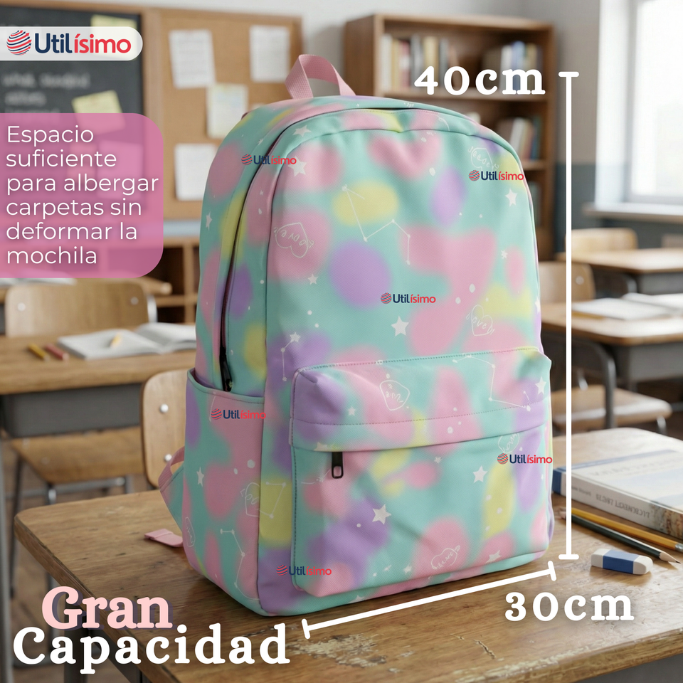 Mochila Escolar + Estuche + Lonchera 40cm Tela Oxford Verde Agua Niña