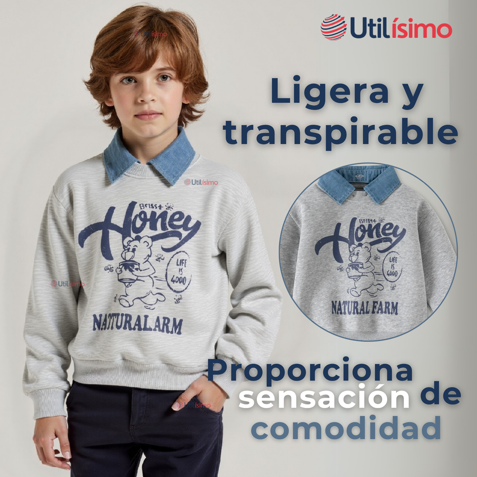 Polerón Estilo Pique Manga Larga Niño 100% Algodón Gris