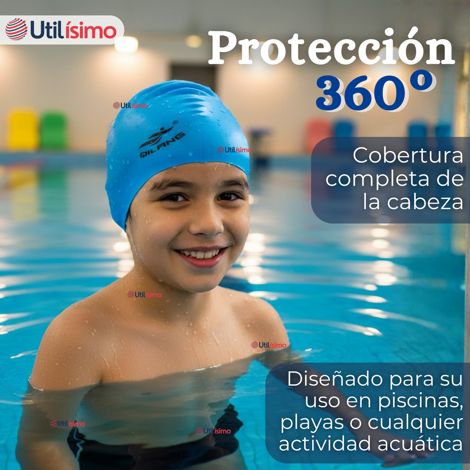 Gorro Gorra Natación Con Protector De Orejas Silicona Azul 12 años En Adelante