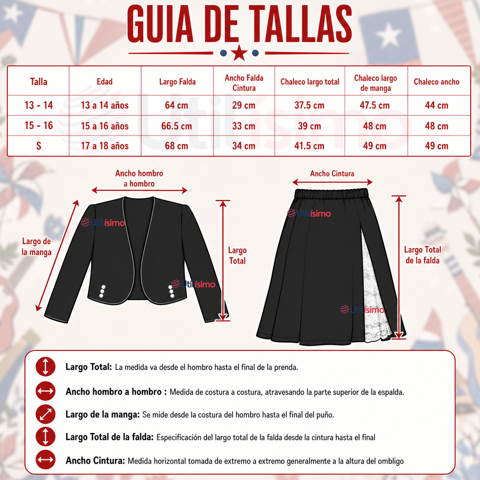 Traje Huasa Elegante Negro Juvenil Conjunto 7 Piezas Tipico Fiestas Patrias