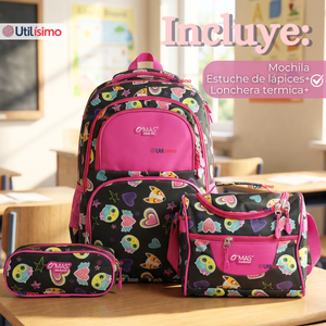 Mochila Escolar + Estuche + Lonchera 43cm Tela Oxford Negro Corazones Niña