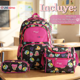 Mochila Escolar + Estuche + Lonchera 43cm Tela Oxford Negro Corazones Niña