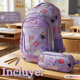 Mochila Escolar Con Estuche 43cm Tela Oxford Lila Niña